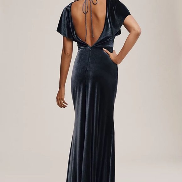 Jenny Yoo Ellis Flutter-Sleeve Open-Back Stretch Velvet Gown Size 8 French blue - Picture 3 of 3